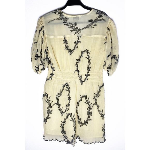 Ganni Womens Floral Print Pleated Georgette Mini Dress Pale Yellow Black Smocked - Picture 8 of 16